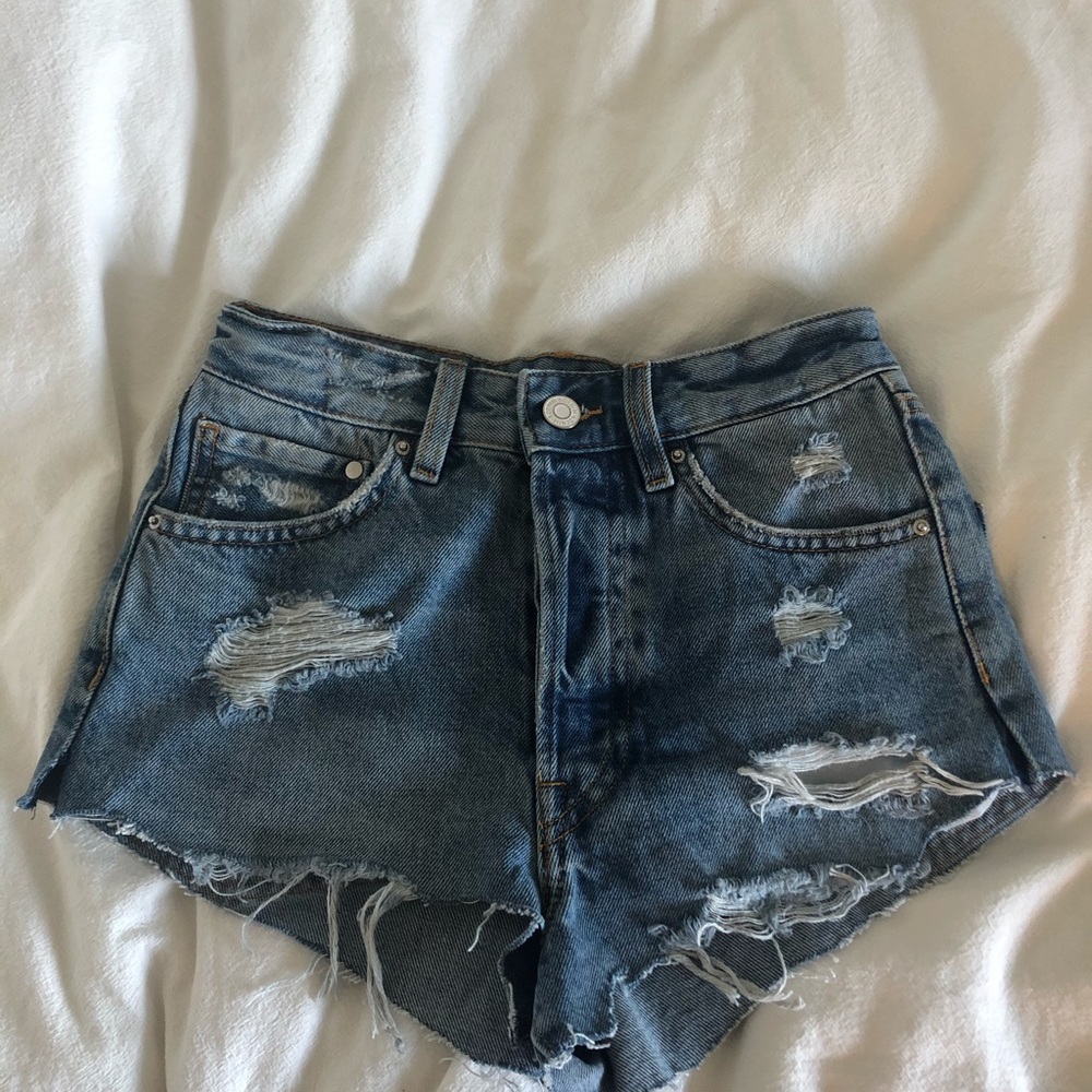 H&M High Waist Distressed Jean Shorts Button Fly 0